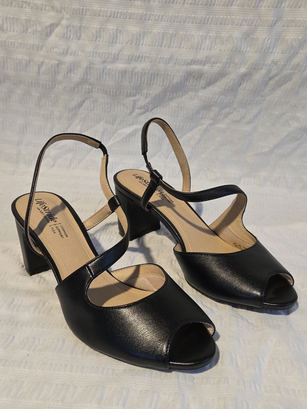 LifeStride Theo Slingback Peep Toe Pumps Black Faux Leather NWOT 7.5M